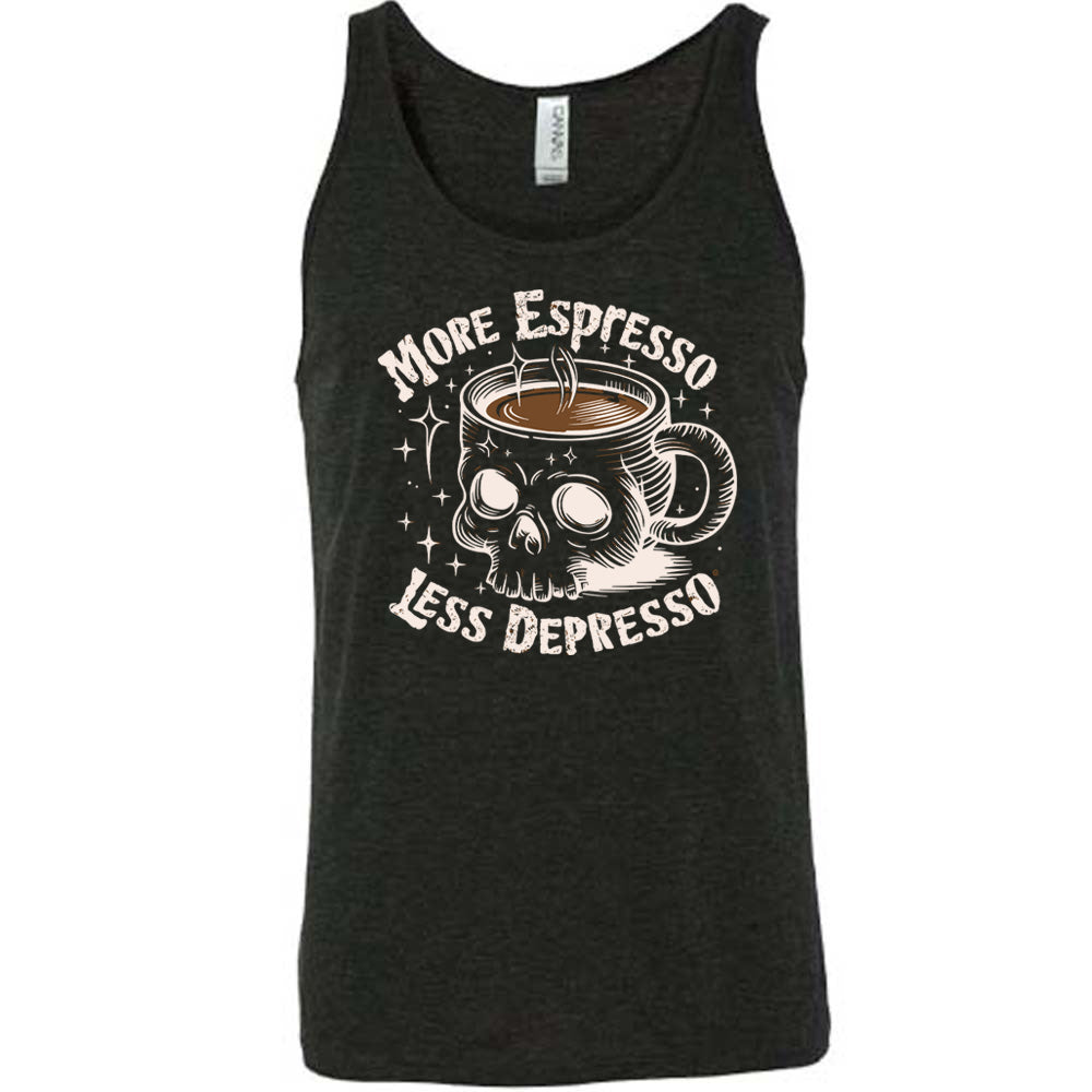 black unisex tank with the words "more espresso less depresso on it, around the graphic of a skull-shaped mug full of a steaming beverage, with lots of little stars around