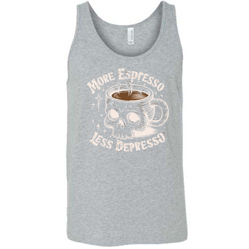 grey unisex tank with the words "more espresso less depresso on it, around the graphic of a skull-shaped mug full of a steaming beverage, with lots of little stars around