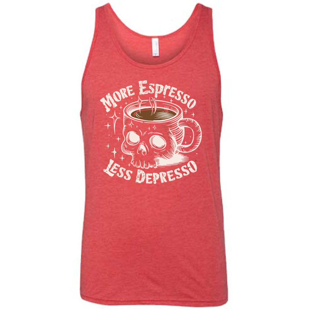 red unisex tank with the words "more espresso less depresso on it, around the graphic of a skull-shaped mug full of a steaming beverage, with lots of little stars around