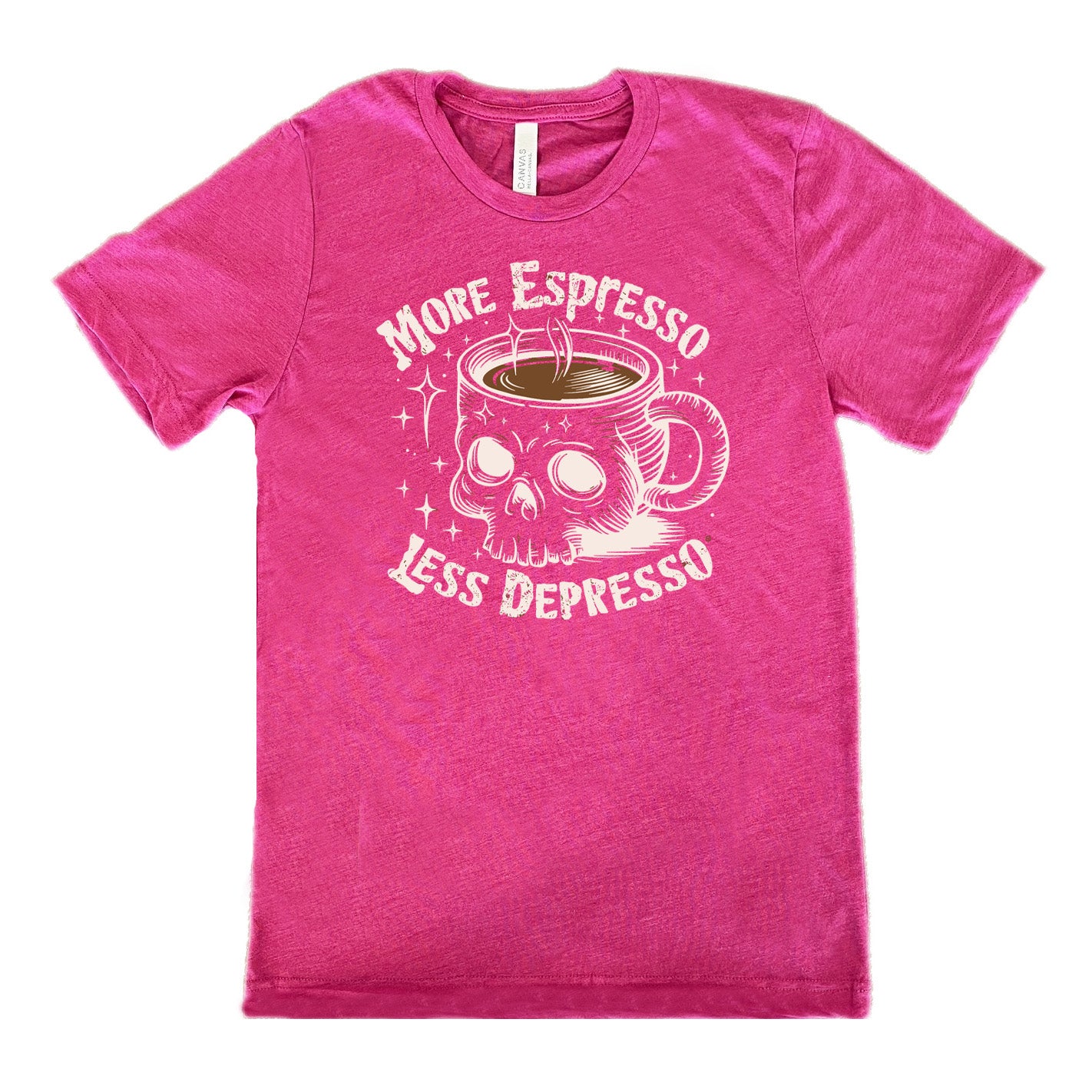berry unisex tee with the words "more espresso less depresso on it, around the graphic of a skull-shaped mug full of a steaming beverage, with lots of little stars around