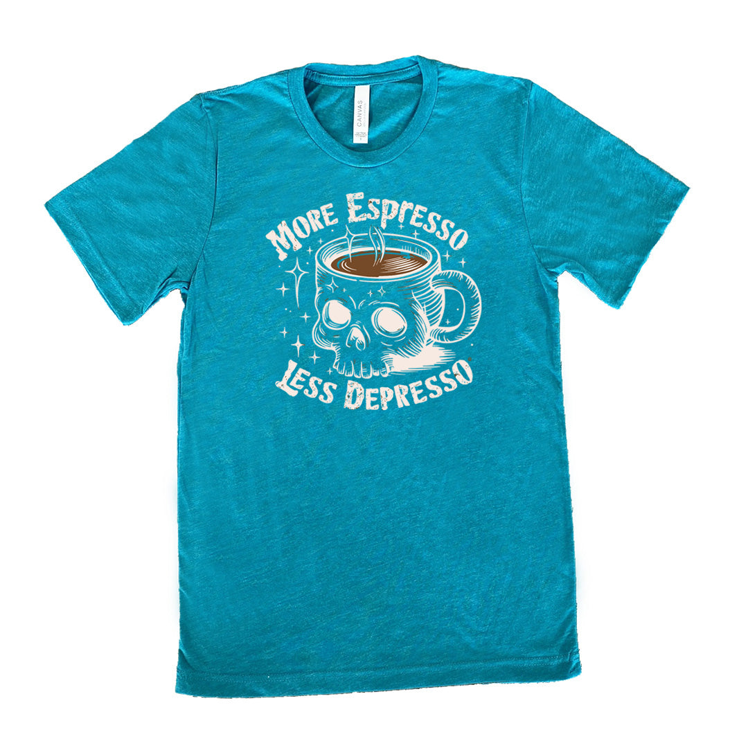 teal unisex tee with the words "more espresso less depresso on it, around the graphic of a skull-shaped mug full of a steaming beverage, with lots of little stars around
