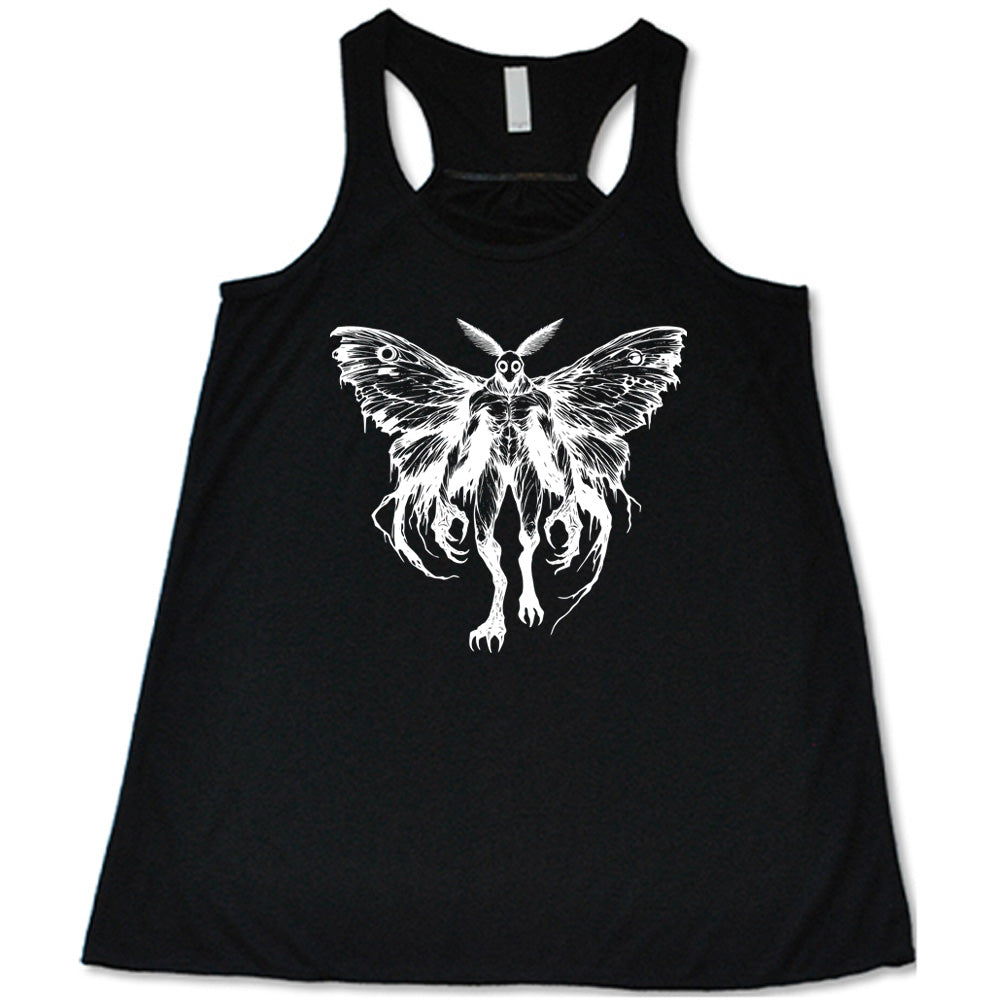 Black colored flowy tank with detailed mothman graphic on it