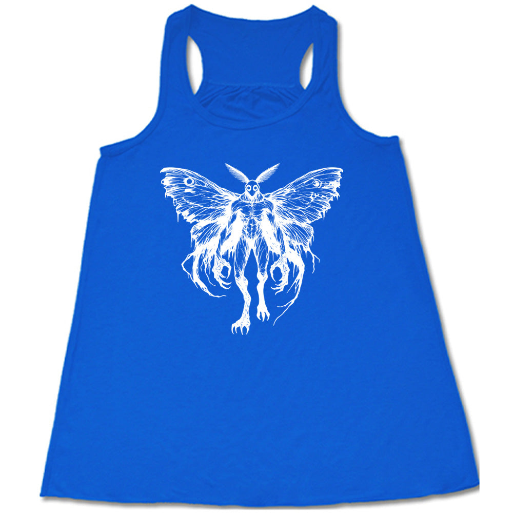 Blue colored flowy tank with detailed mothman graphic on it