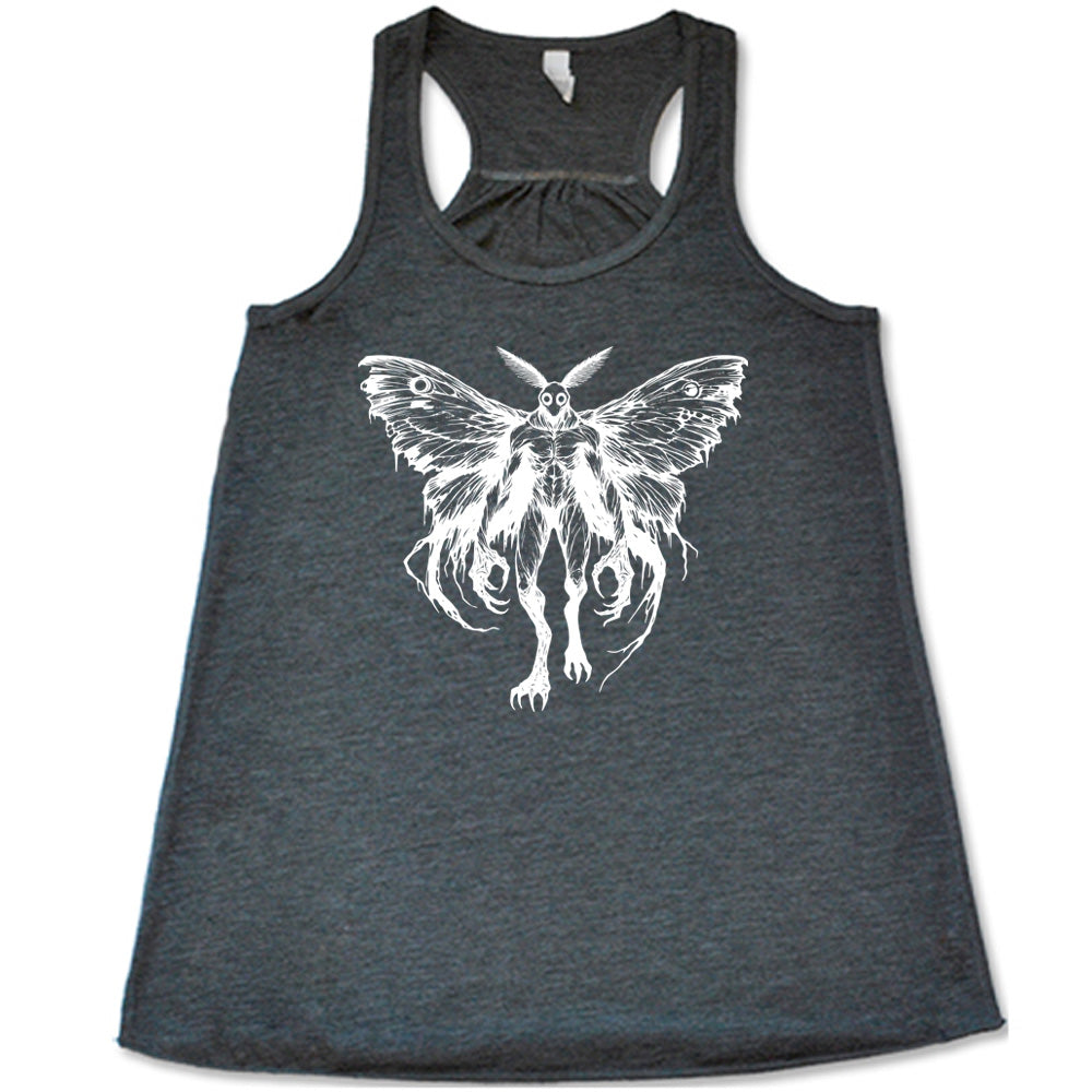 Grey colored flowy tank with detailed mothman graphic on it