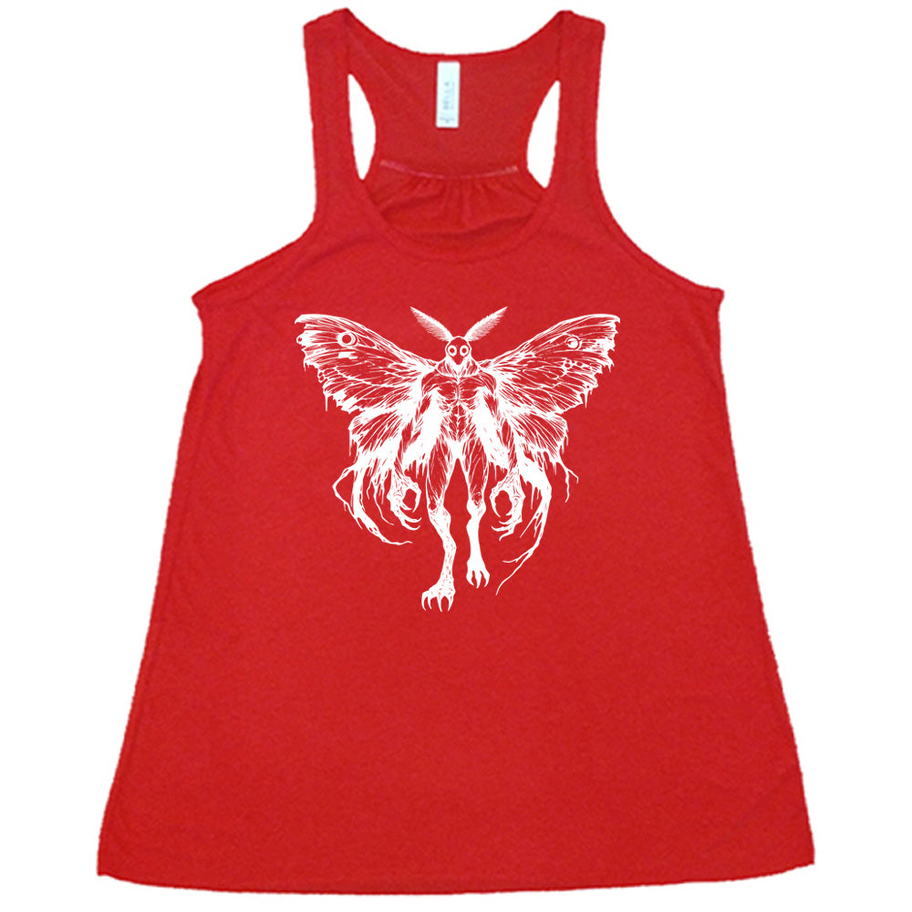 Red colored flowy tank with detailed mothman graphic on it