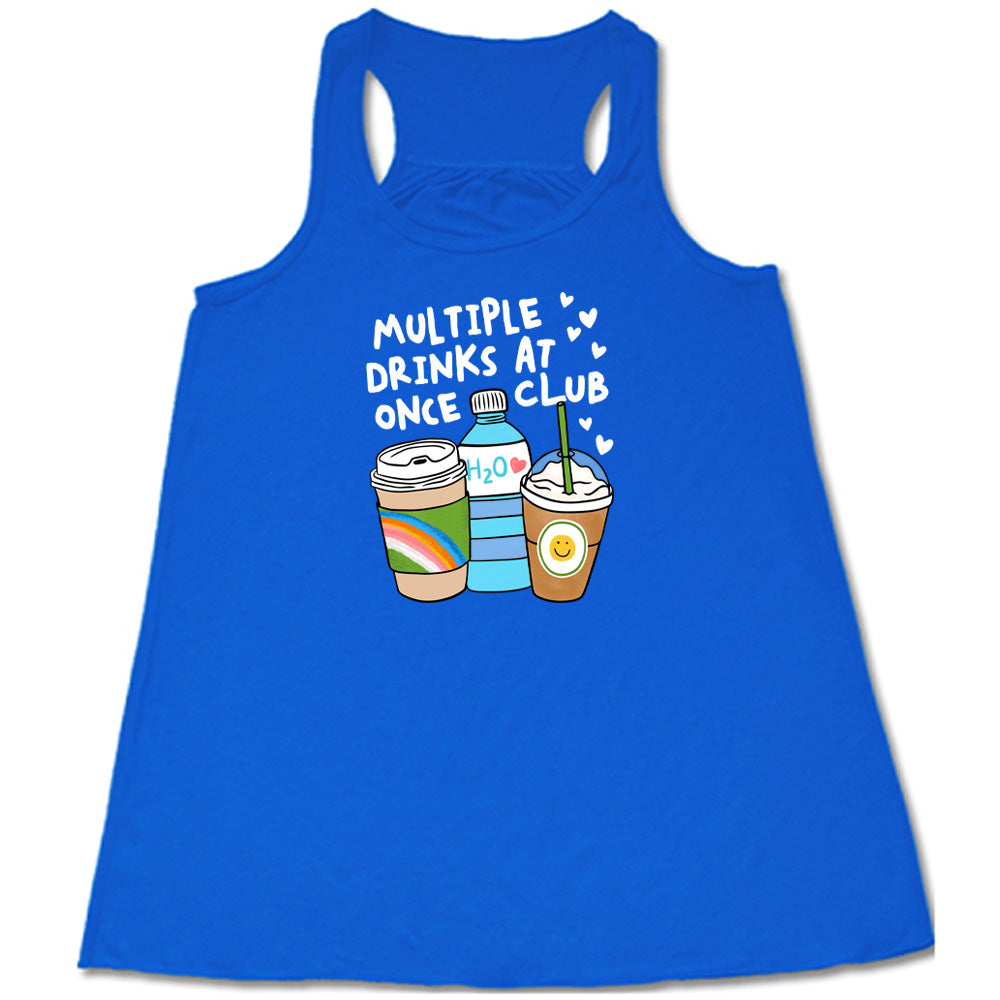 Blue colored flowy tank with an assorted cup collection graphic on it that says "Multiple Drinks at Once Club" 