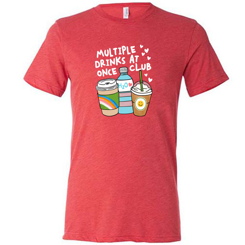 Red colored shirt with an assorted cup collection graphic on it that says "Multiple Drinks at Once Club" 