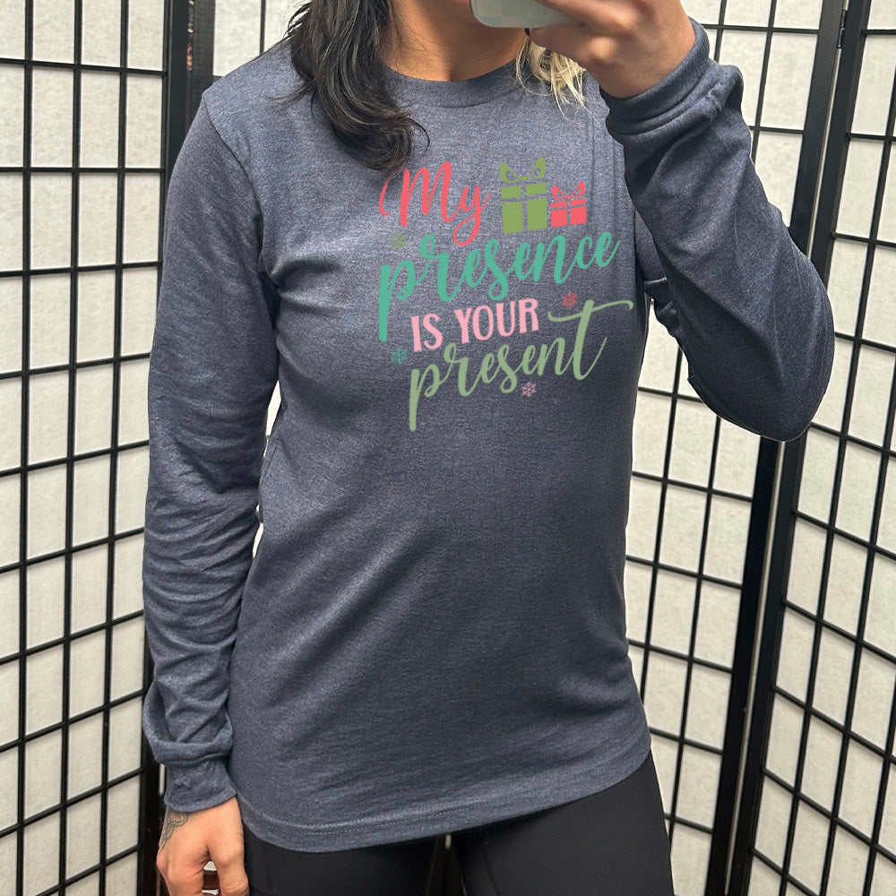heather navy long sleeve with the words "my presence is your present" with two little present images