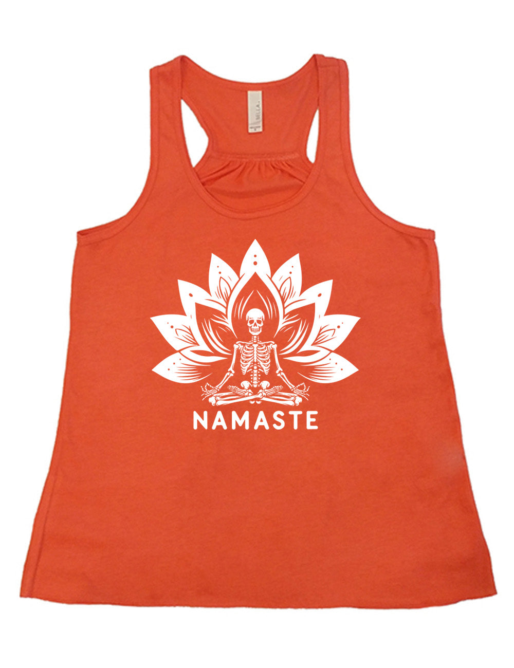 coral flowy racerback tank with the graphic of a skeleton doing a seated yoga pose among a double lotus graphic, with the words underneath saying "namaste"