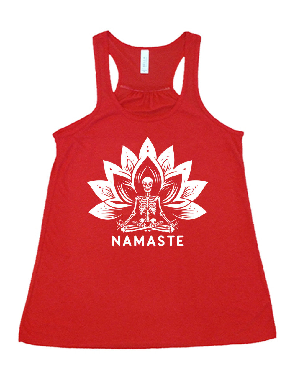 red flowy racerback tank with the graphic of a skeleton doing a seated yoga pose among a double lotus graphic, with the words underneath saying "namaste"