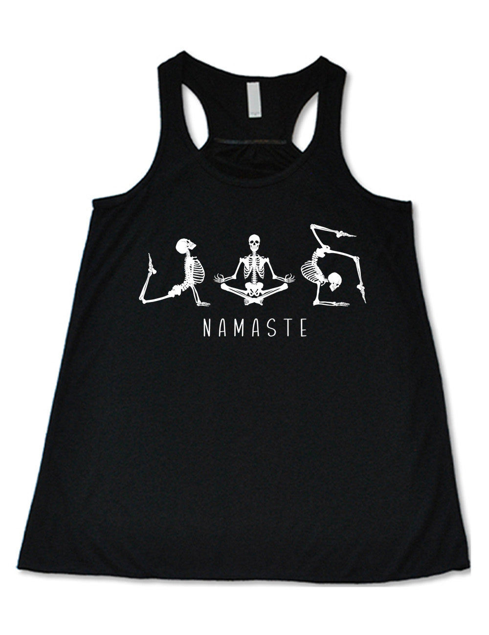 black flowy racerback tank with the graphic of three skeletons, all doing yoga poses, and the word underneath saying "namaste"