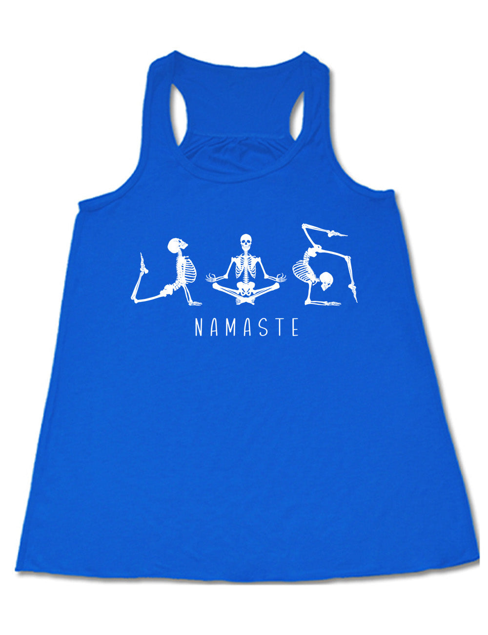 blue flowy racerback tank with the graphic of three skeletons, all doing yoga poses, and the word underneath saying "namaste"