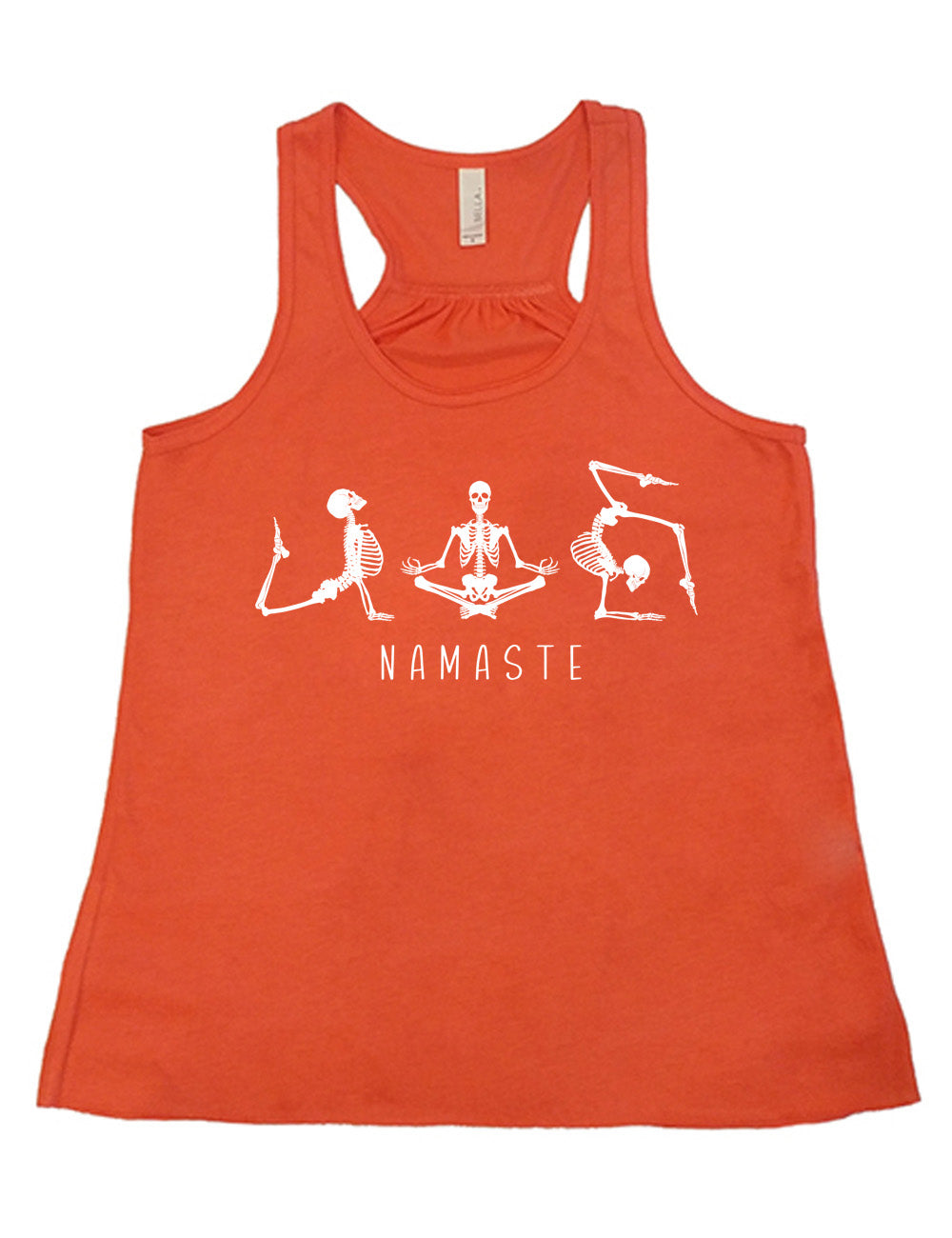 coral flowy racerback tank with the graphic of three skeletons, all doing yoga poses, and the word underneath saying "namaste"