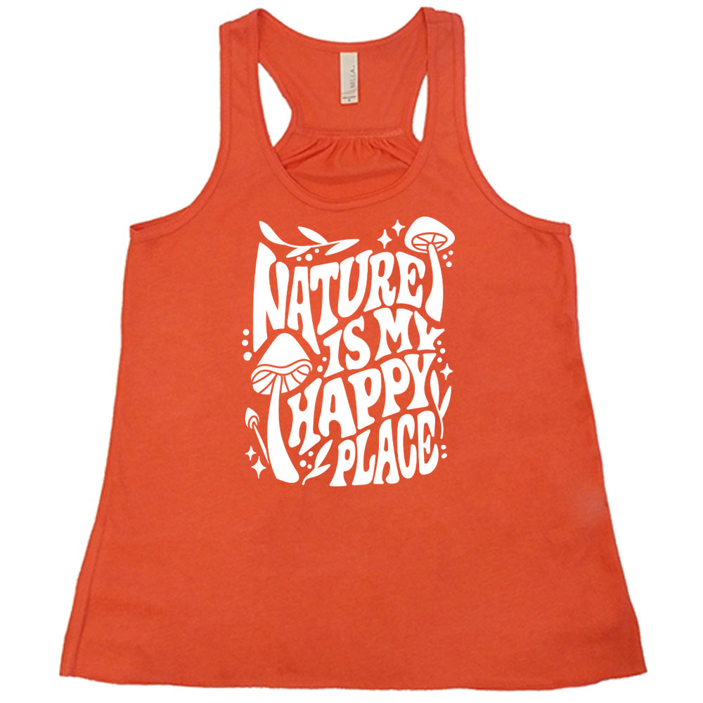 Coral colored flowy tank with a wild mushroom graphic on it that says "Nature Is My Happy Place"
