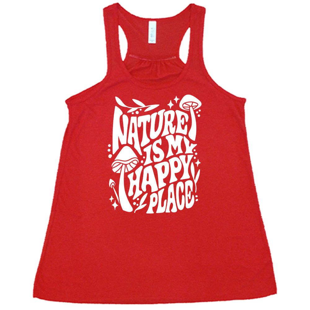 Red colored flowy tank with a wild mushroom graphic on it that says "Nature Is My Happy Place"
