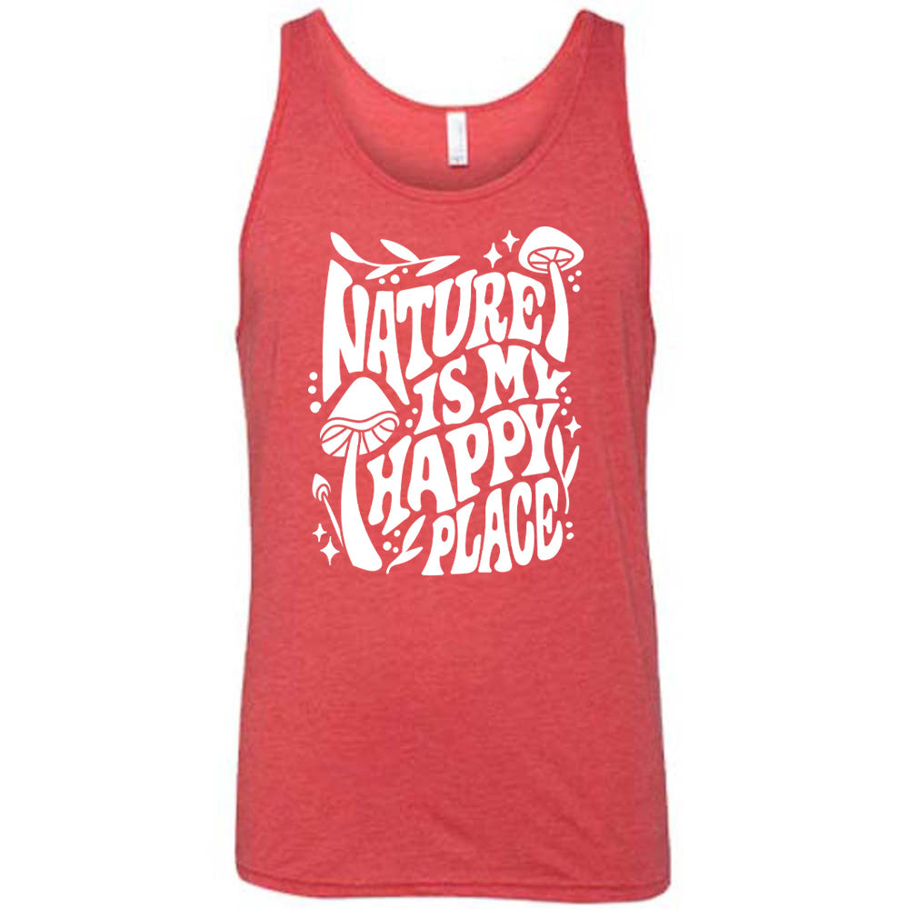 Red colored tank with a wild mushroom graphic on it that says "Nature Is My Happy Place"