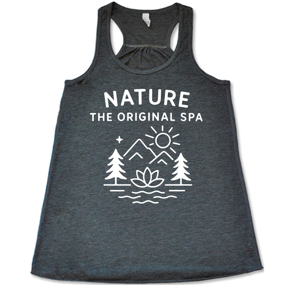 grey flowy tank with the words "nature the original spa" on it, with the mostly line-art graphic of the sun, mountains, trees, a single star, water, and a lotus flower