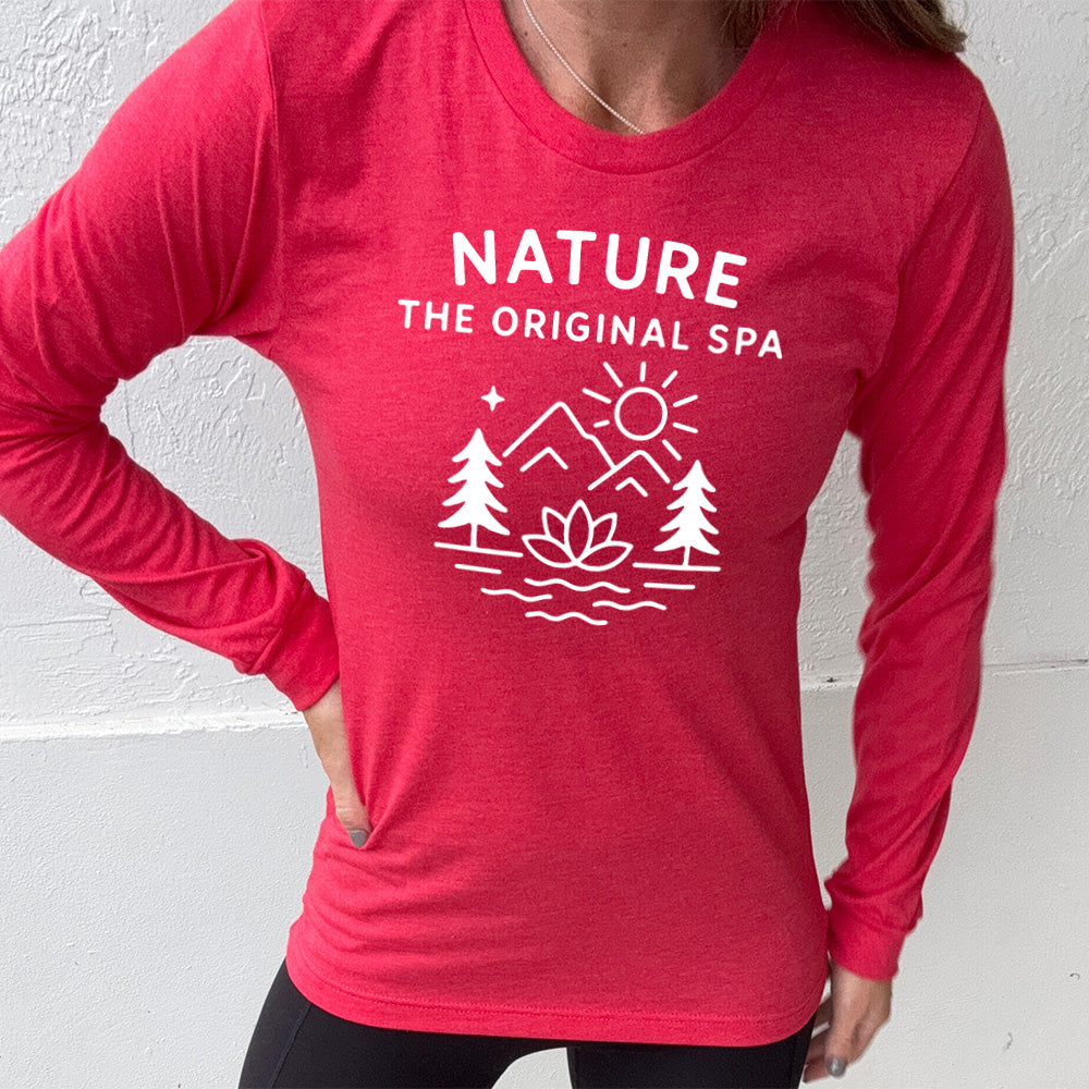 heather red long sleeve with the words "nature the original spa" on it, with the mostly line-art graphic of the sun, mountains, trees, a single star, water, and a lotus flower