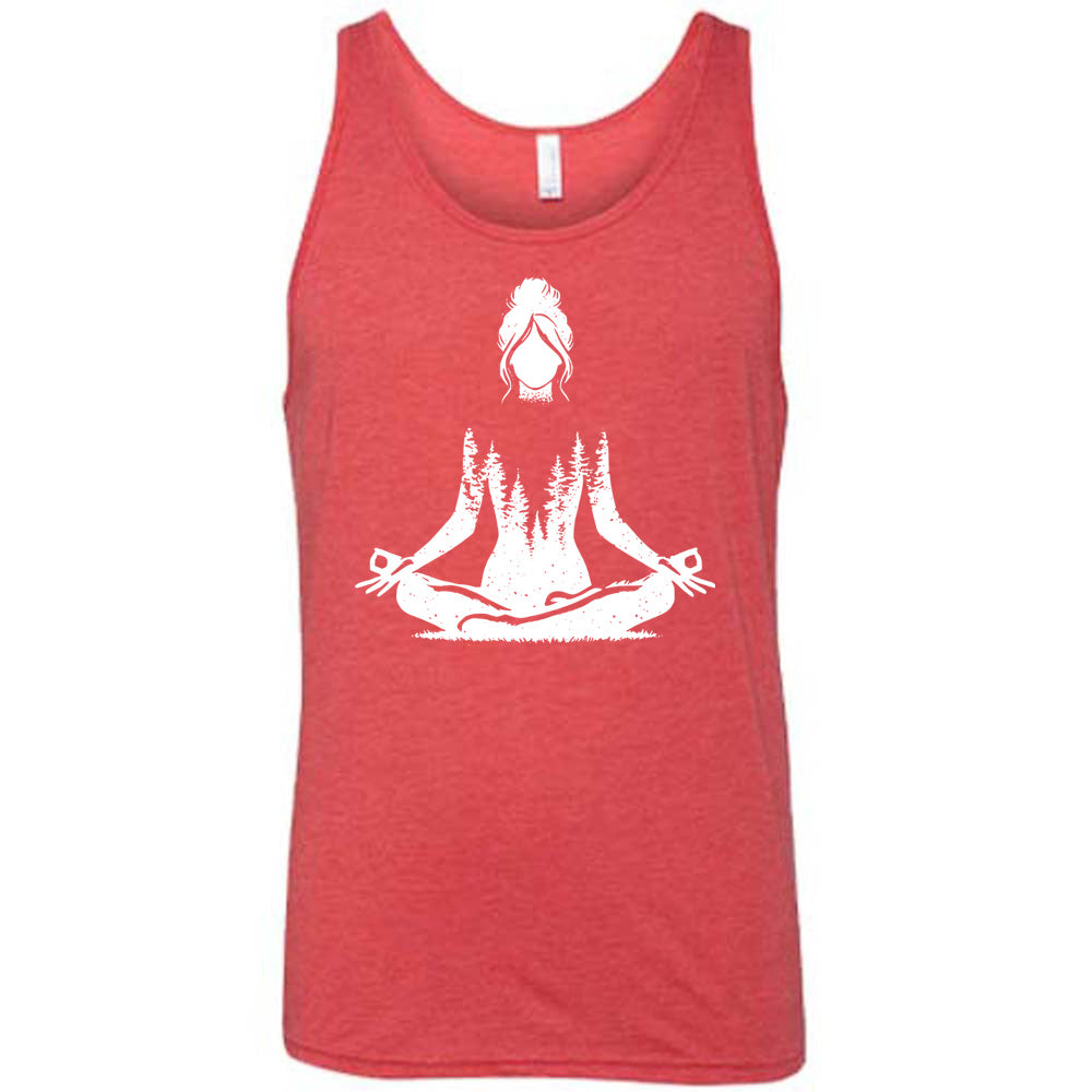 Red unisex tank with the graphic of a woman doing a yoga pose, with her shoulders to waist being the silhouette of a forest  