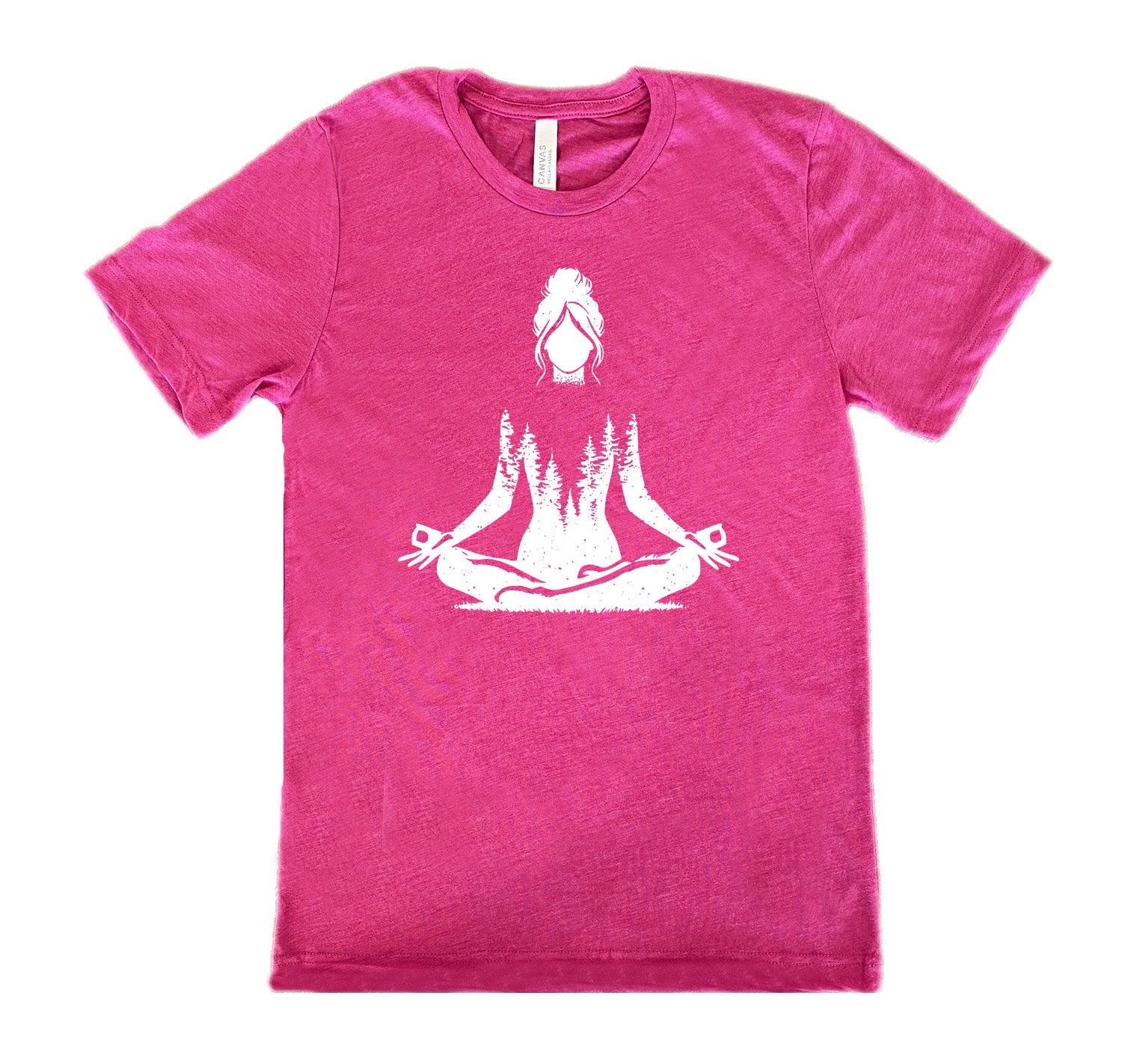 Berry unisex tee with the graphic of a woman doing a yoga pose, with her shoulders to waist being the silhouette of a forest  