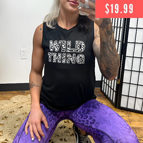 model wearing a black muscle tank with the design "wild thing" on the front. $19.99