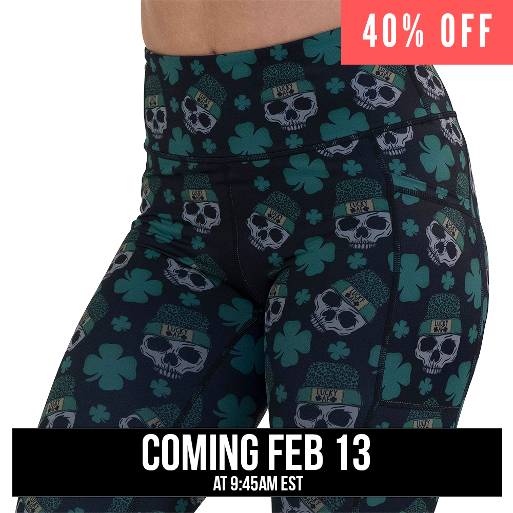 close up of the skull and shamrock print leggings against a white background, coming soon