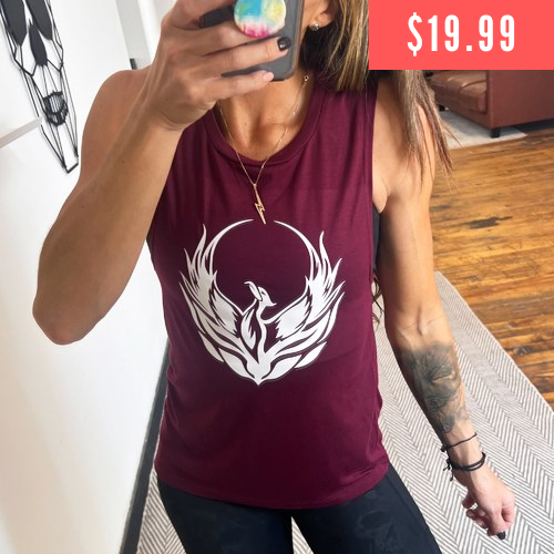 model wearing a maroon muscle tank with a phoenix design on the front. $19.99 discount graphic in the top right corner