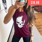 Model wearing a maroon muscle tank with a skull graphic in the middle of the shirt. $19.99 discount graphic in the top right corner of the photo