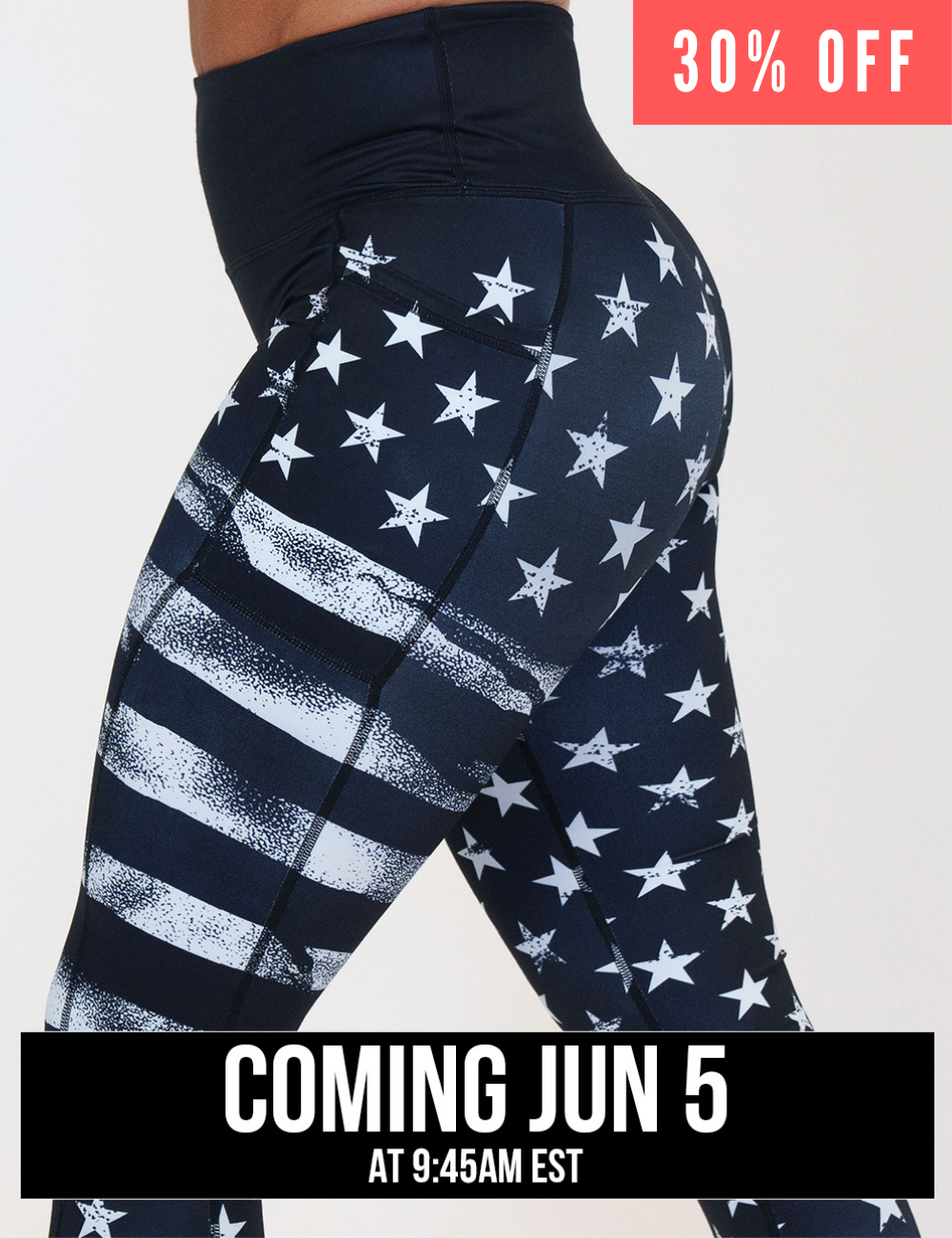 side view of the black leggings with white American flag design on it coming june 5th