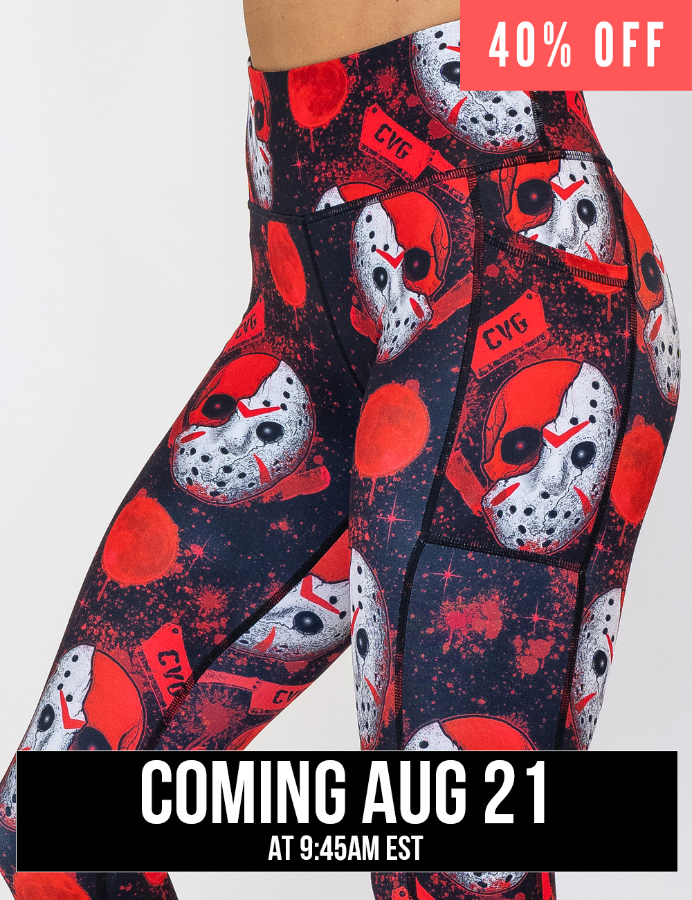 front of the bloody hocky mask leggings against a white background, coming august 21st