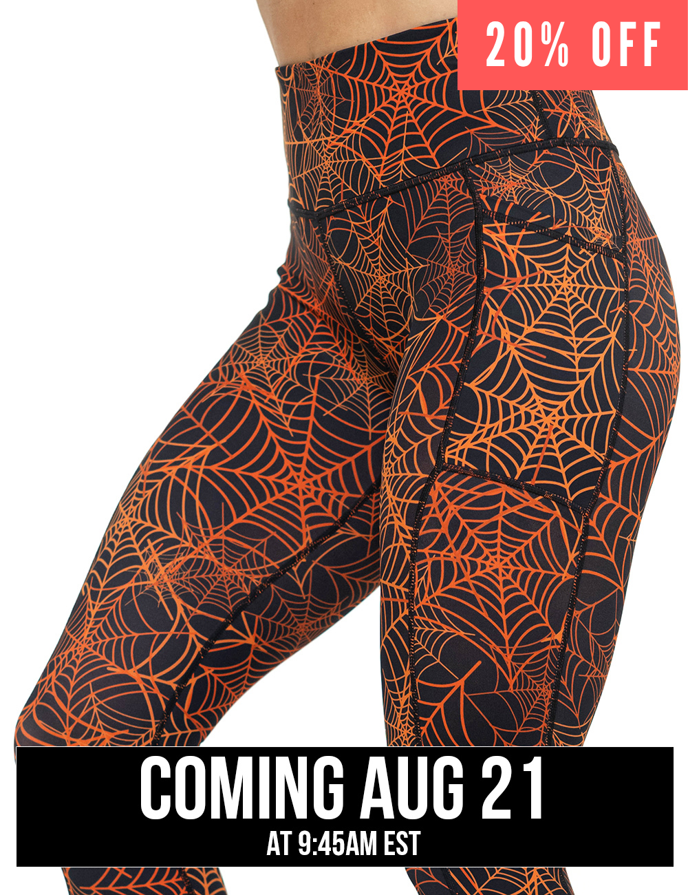 front of the orange spider webs against a black background leggings against a white background, coming august 21st