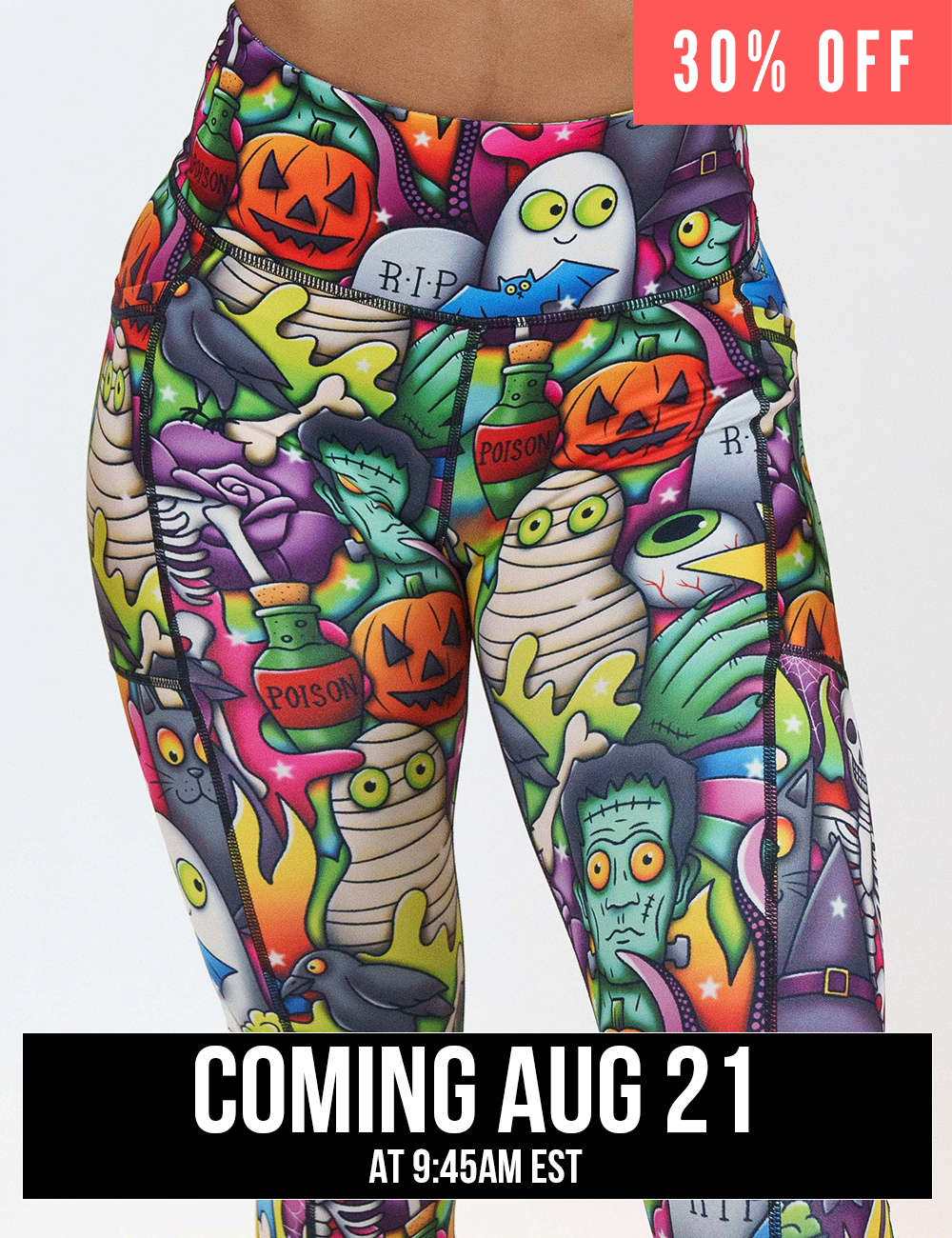 front of the Halloween characters leggings against a white background coming august 21st