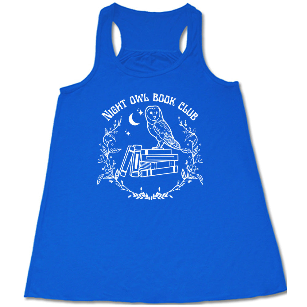 Blue colored flowy tank with owl on stack of books under moon graphic on it that says "Night Owl Book Club" 