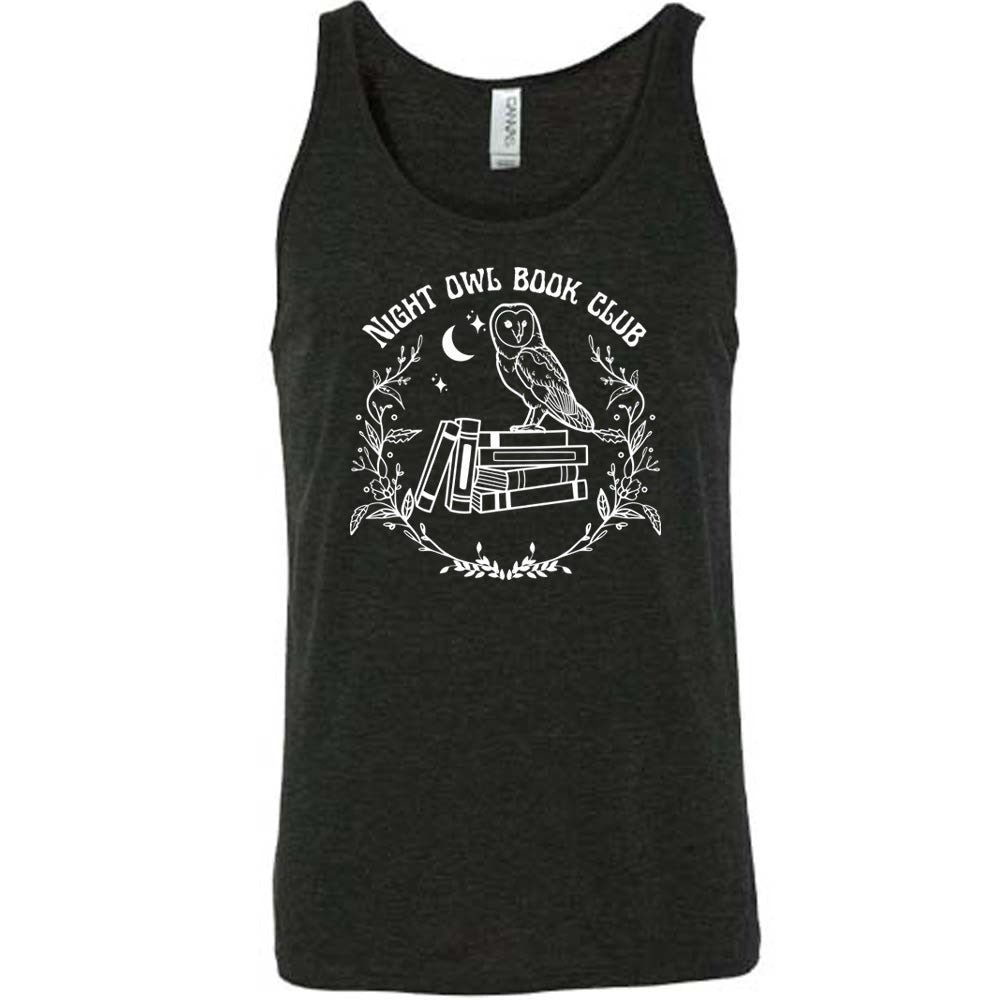 Black colored tank with owl on stack of books under moon graphic on it that says "Night Owl Book Club" 