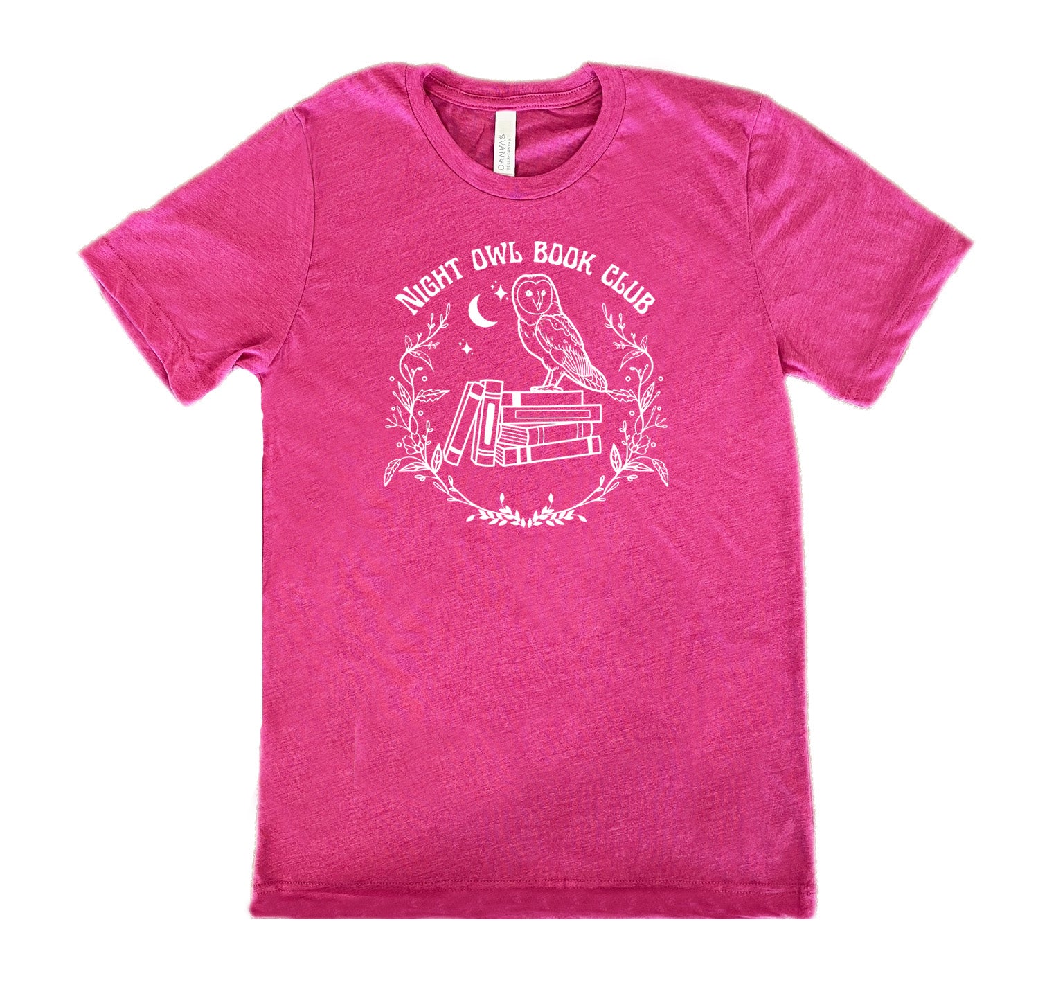 Berry colored shirt with owl on stack of books under moon graphic on it that says "Night Owl Book Club" 