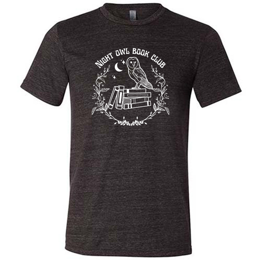 Black colored shirt with owl on stack of books under moon graphic on it that says "Night Owl Book Club"