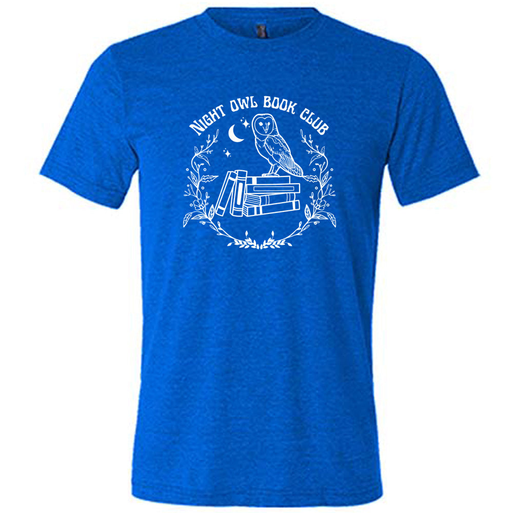 Blue colored shirt with owl on stack of books under moon graphic on it that says "Night Owl Book Club" 