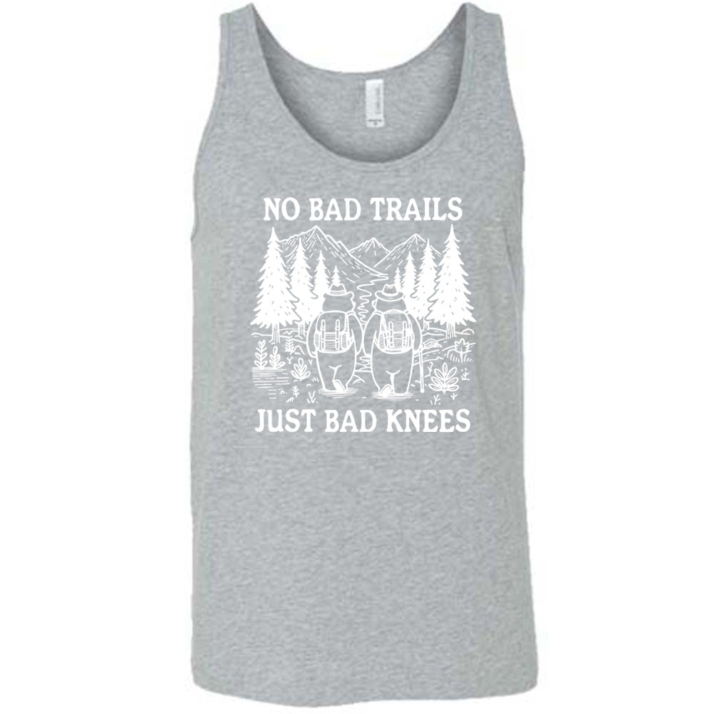 Grey colored tank with two bears hiking graphic on it that says "No Bad Trails Just Bad Knees" 