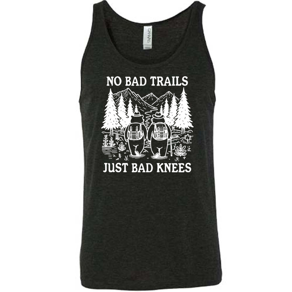 Black colored tank with two bears hiking graphic on it that says "No Bad Trails Just Bad Knees" 