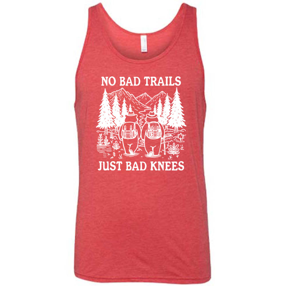 Red colored tank with two bears hiking graphic on it that says "No Bad Trails Just Bad Knees" 