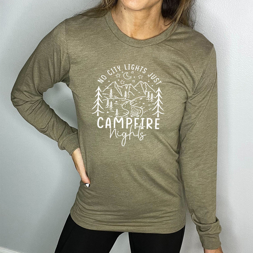 heather olive long sleeve shirt with a  stars and mountain graphic on it that says "No City Lights Just Campfire Nights" 