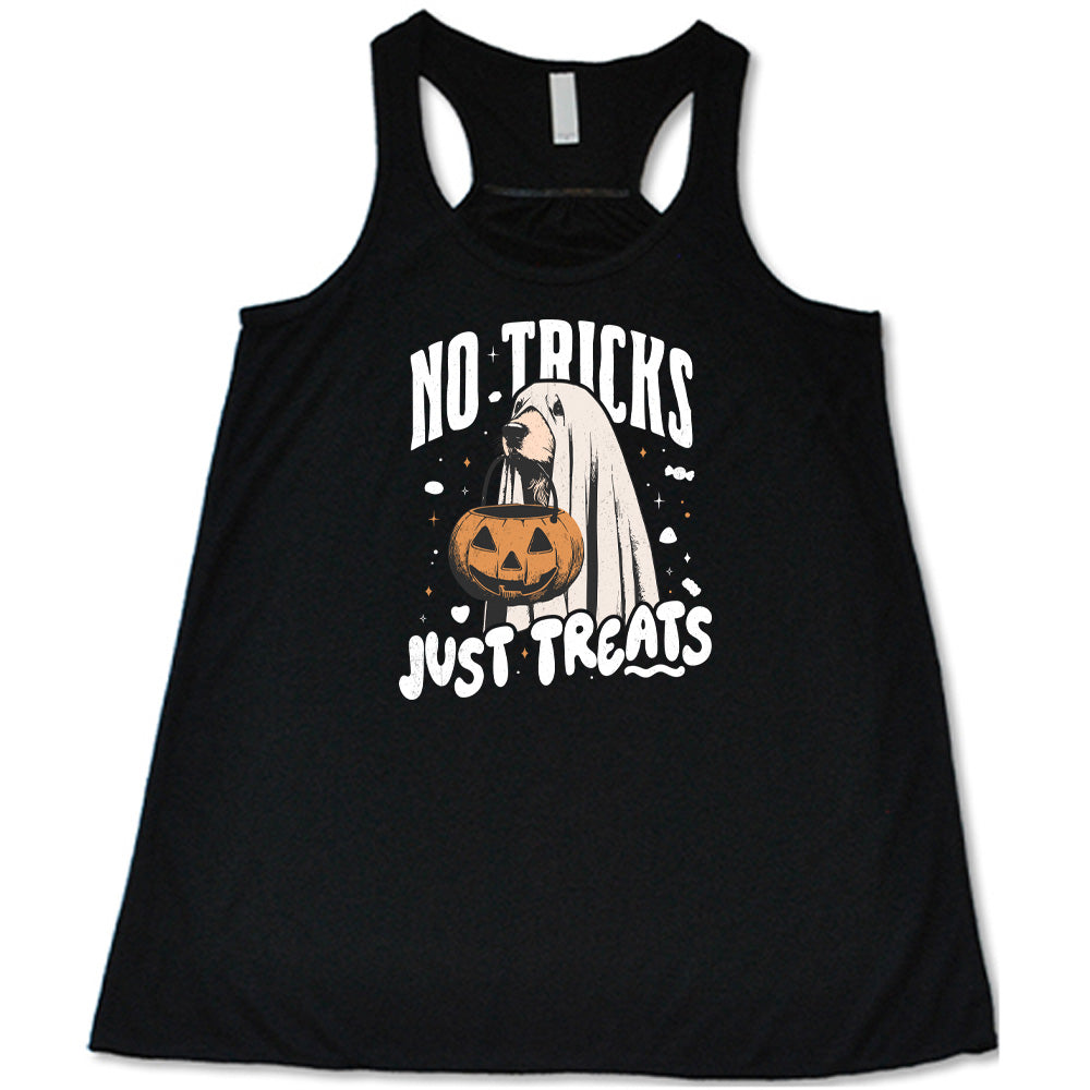 Black colored flowy tank with dog wearing a sheet and a candy bucket in its mouth graphic on it that says "No Tricks Just Treats"