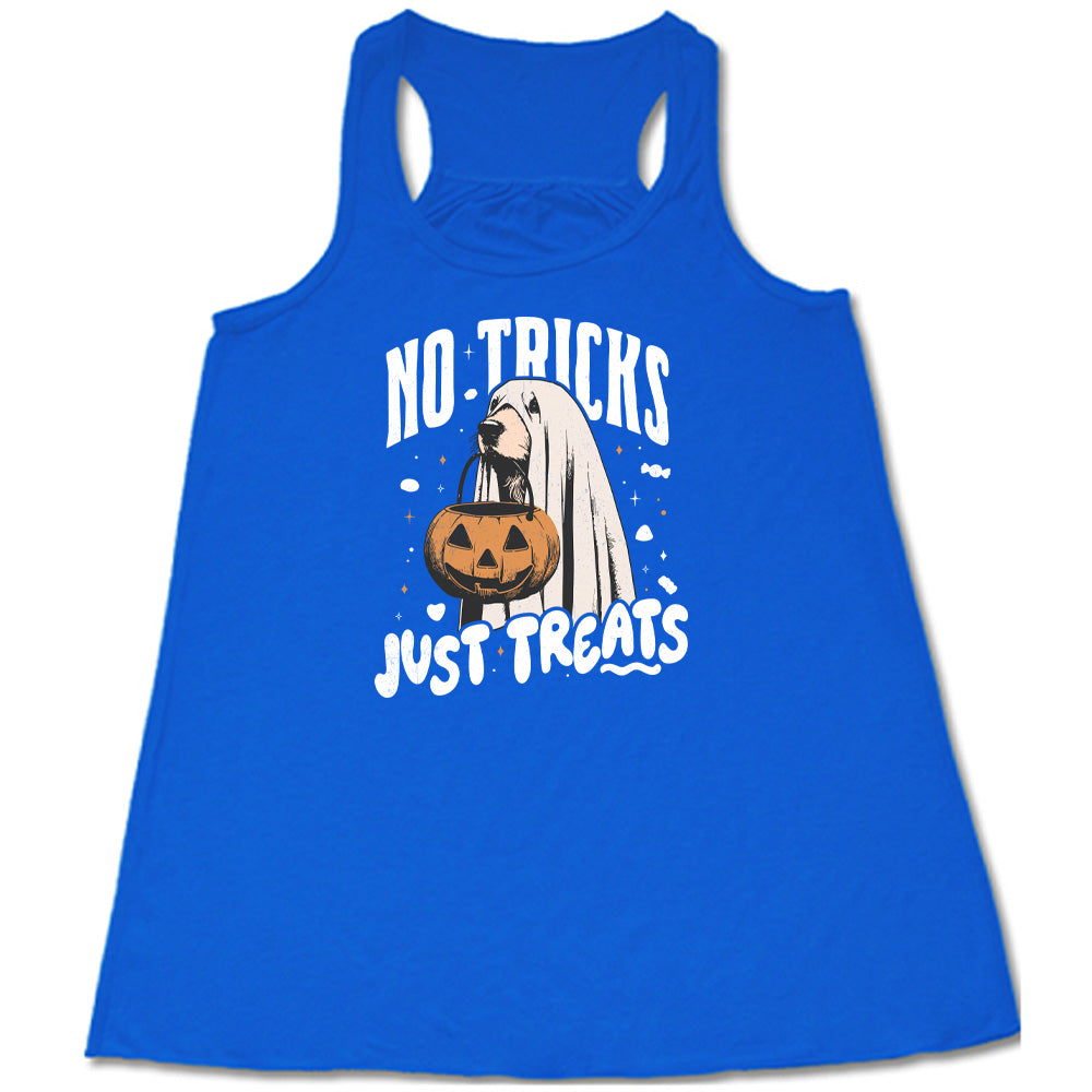 Blue colored flowy tank with dog wearing a sheet and a candy bucket in its mouth graphic on it that says "No Tricks Just Treats"