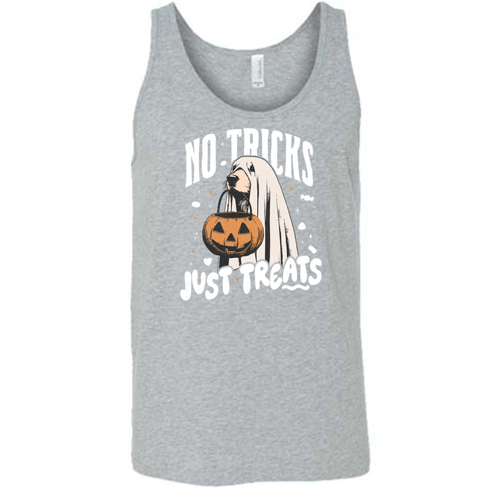 Grey colored tank with dog wearing a sheet and a candy bucket in its mouth graphic on it that says "No Tricks Just Treats"