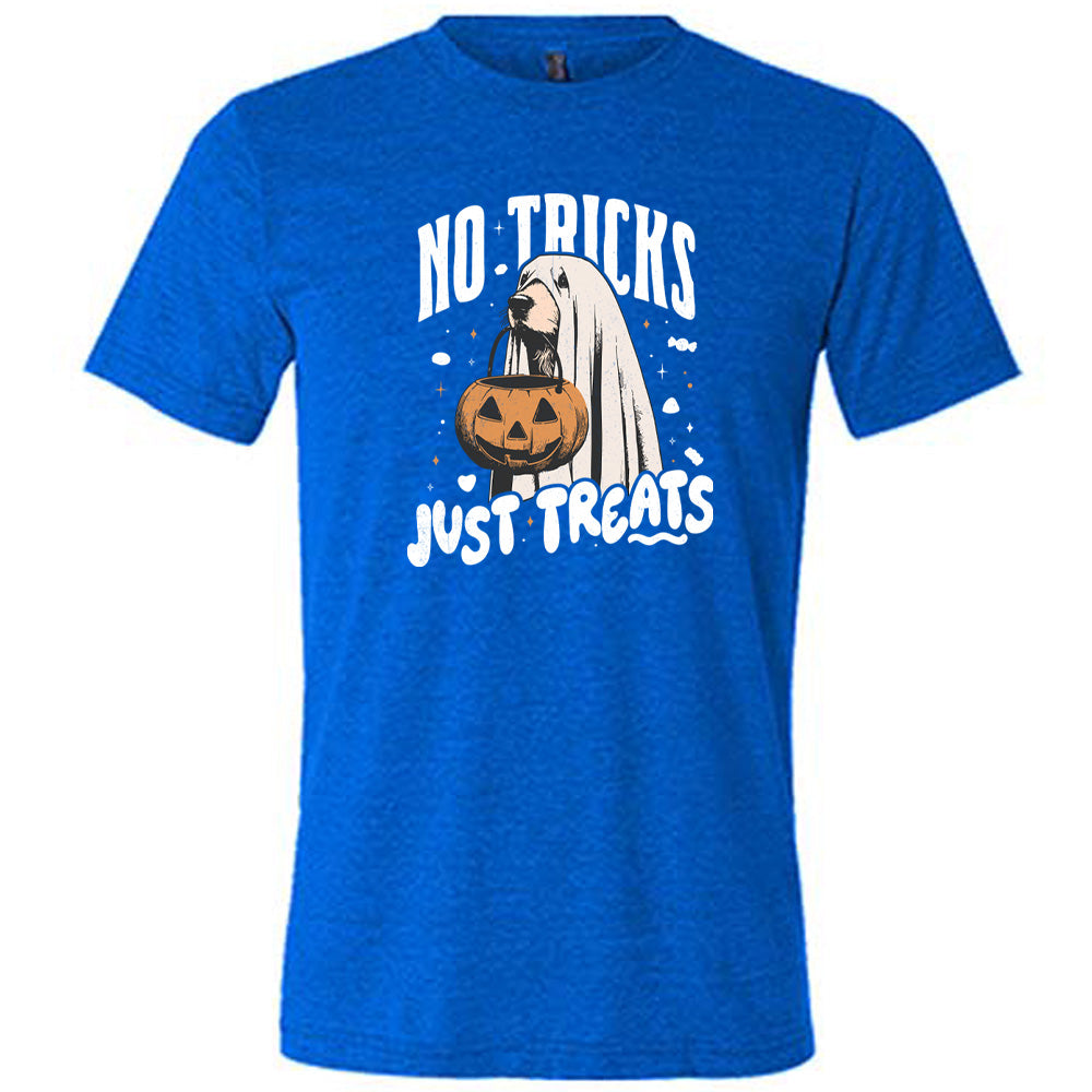 Blue colored shirt with dog wearing a sheet and a candy bucket in its mouth graphic on it that says "No Tricks Just Treats"