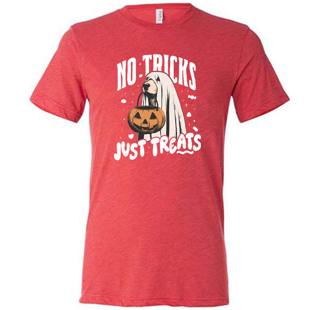 Red colored shirt with dog wearing a sheet and a candy bucket in its mouth graphic on it that says "No Tricks Just Treats"