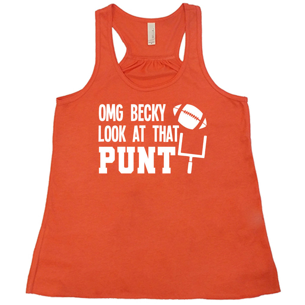 Coral colored flowy tank with football and goalpost graphic on it that says "OMG Becky Look At That Punt"