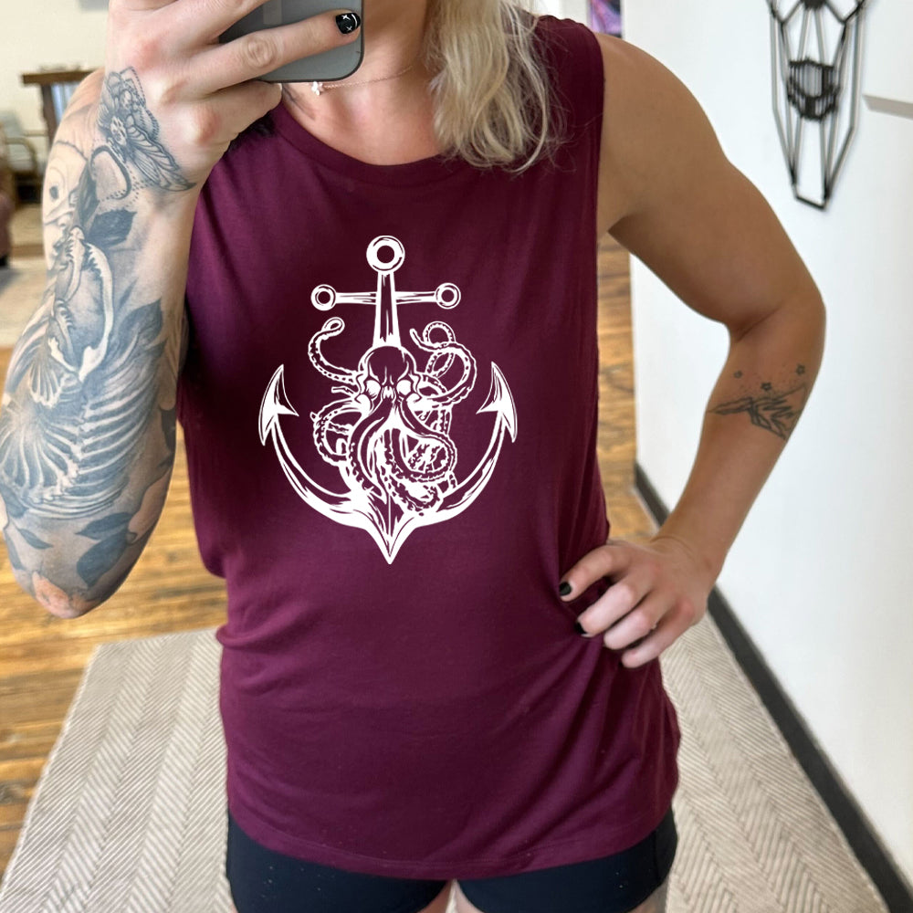 maroon muscle tank with an Octopus Anchor graphic on it