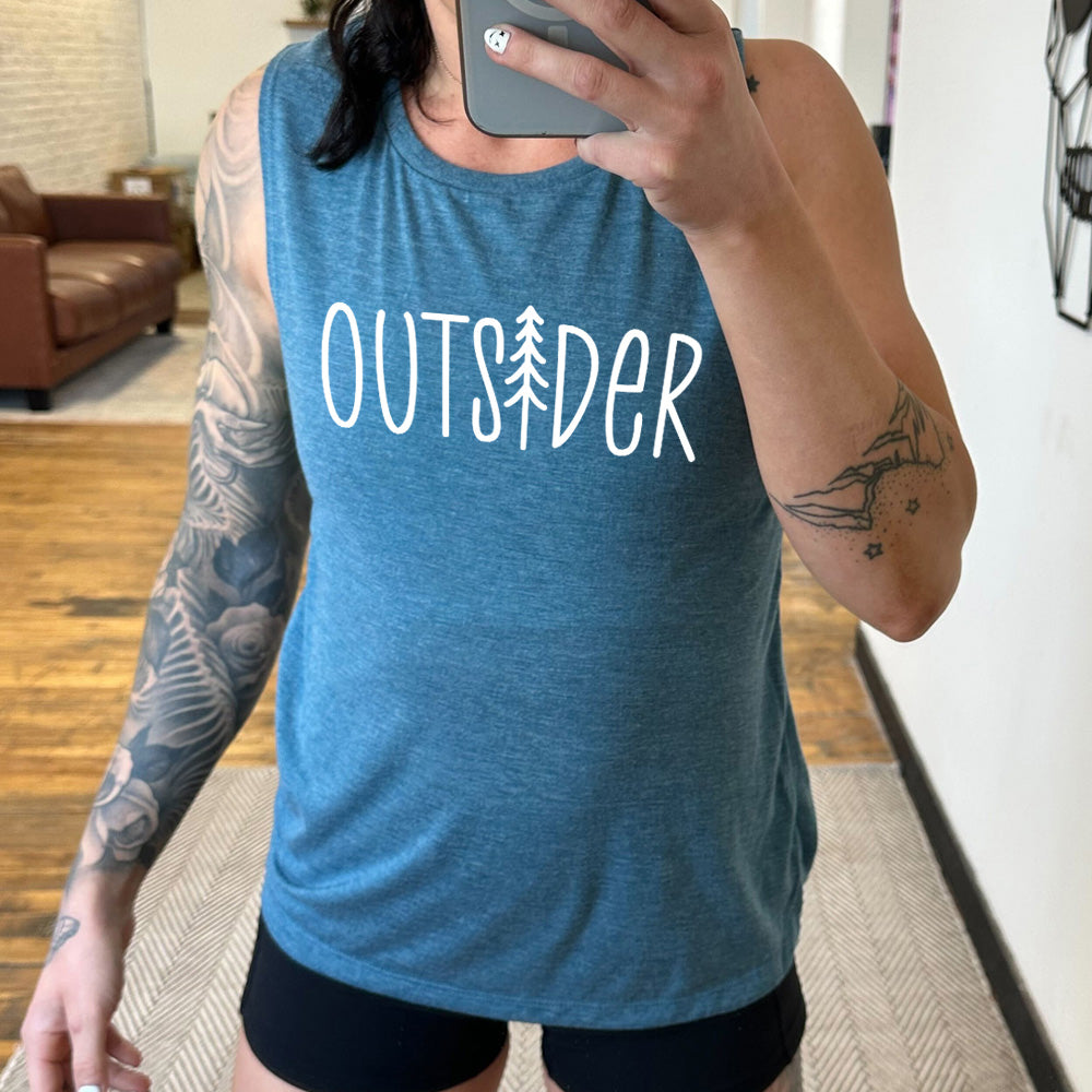 deep teal muscle tank with a tree graphic on it that says "Outsider" 