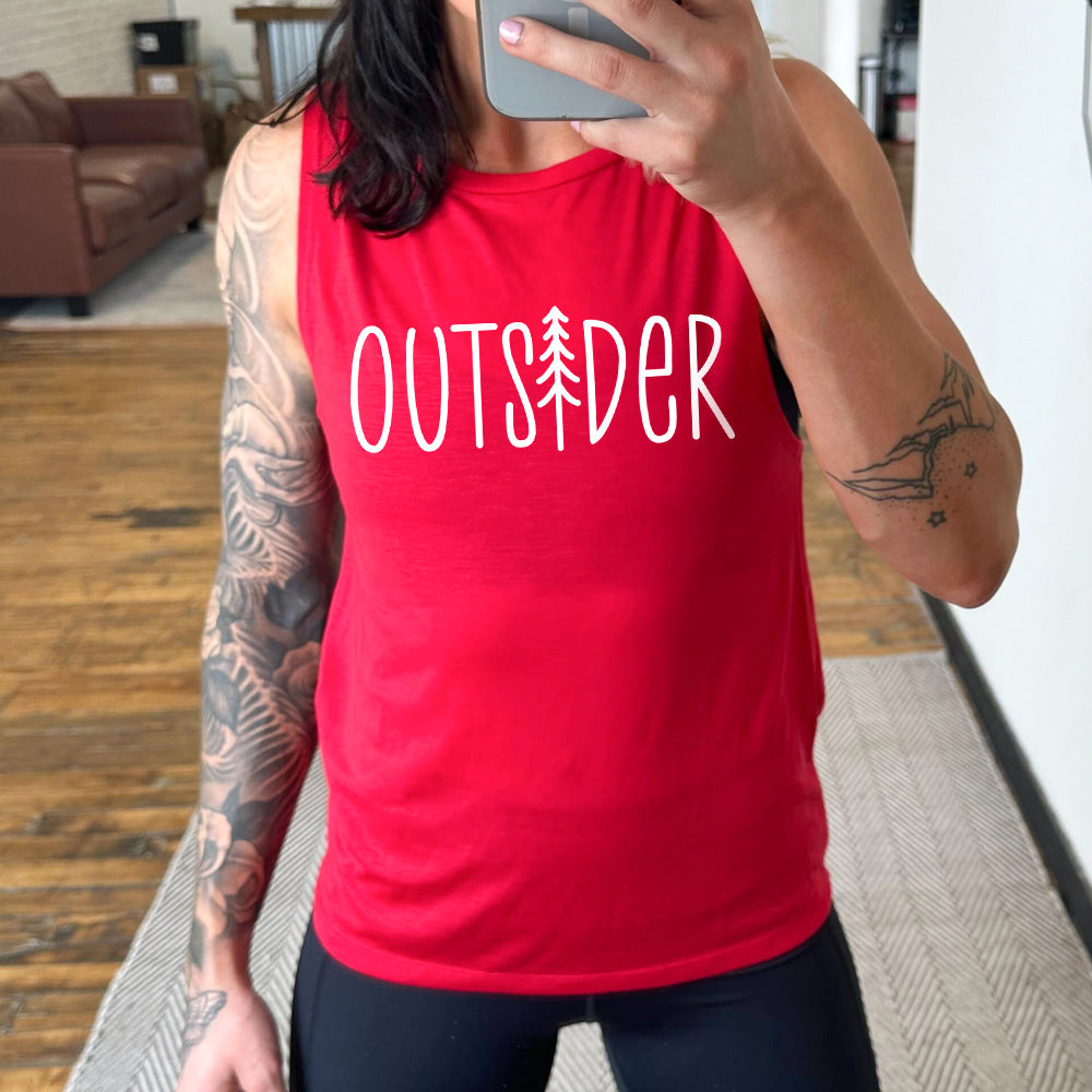 red muscle tank with a tree graphic on it that says "Outsider" 